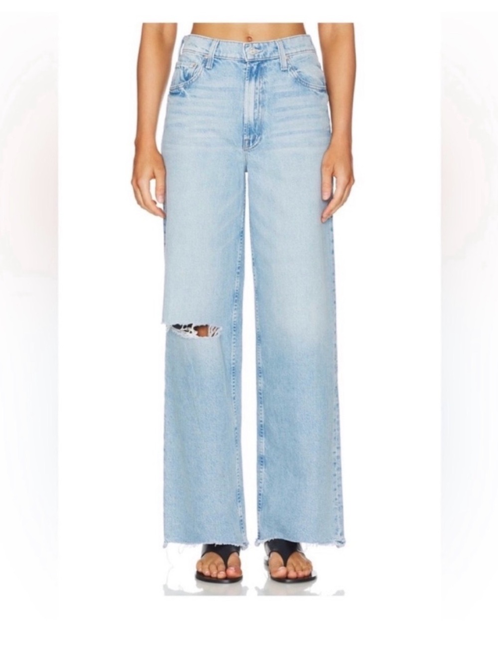 MOTHER Light Blue High-Rise Spinner Zip Sneak Chew Jeans with Knee Rip